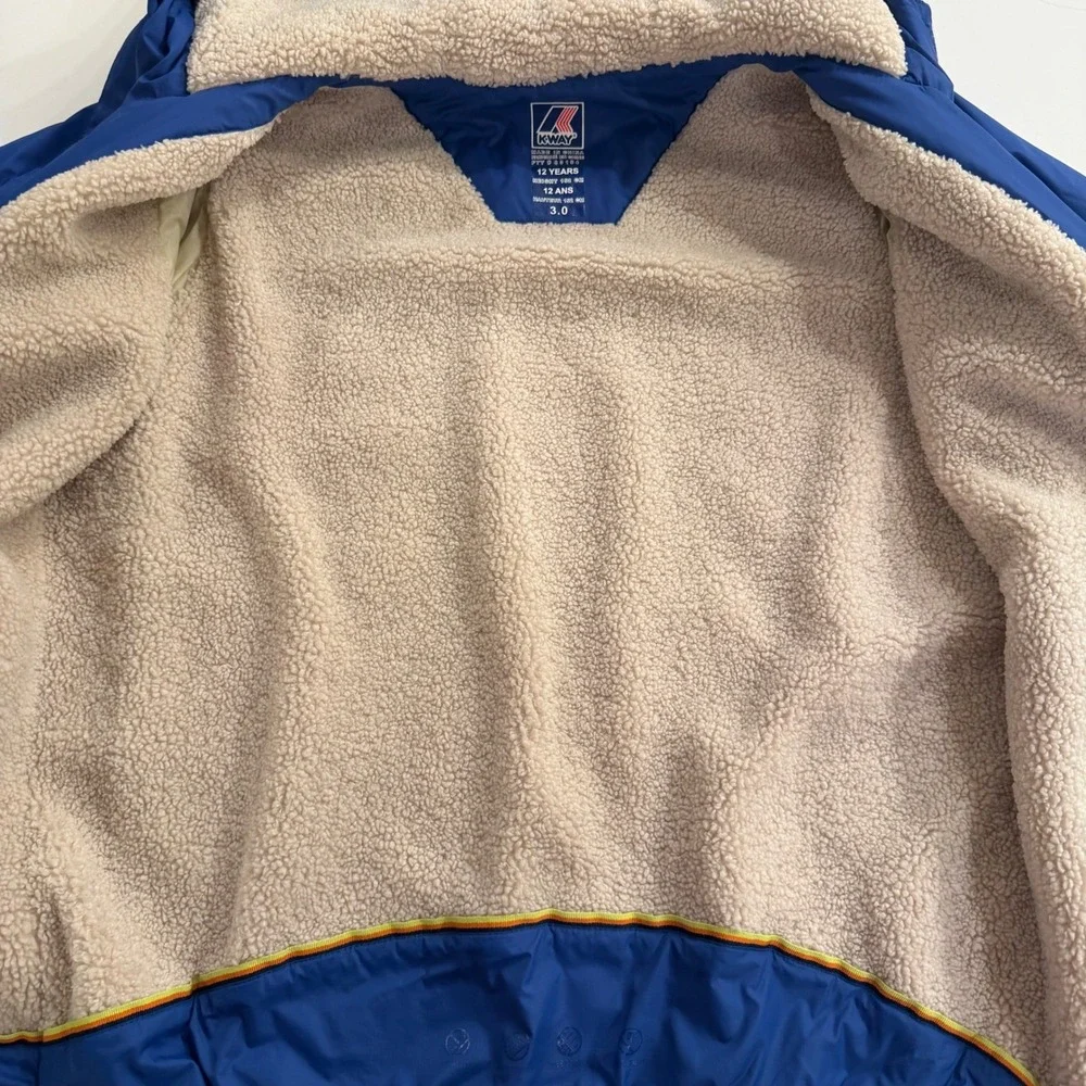 K Way Kids Reversible Blue Sherpa Lined‎ Hooded Jacket Size 12 Years